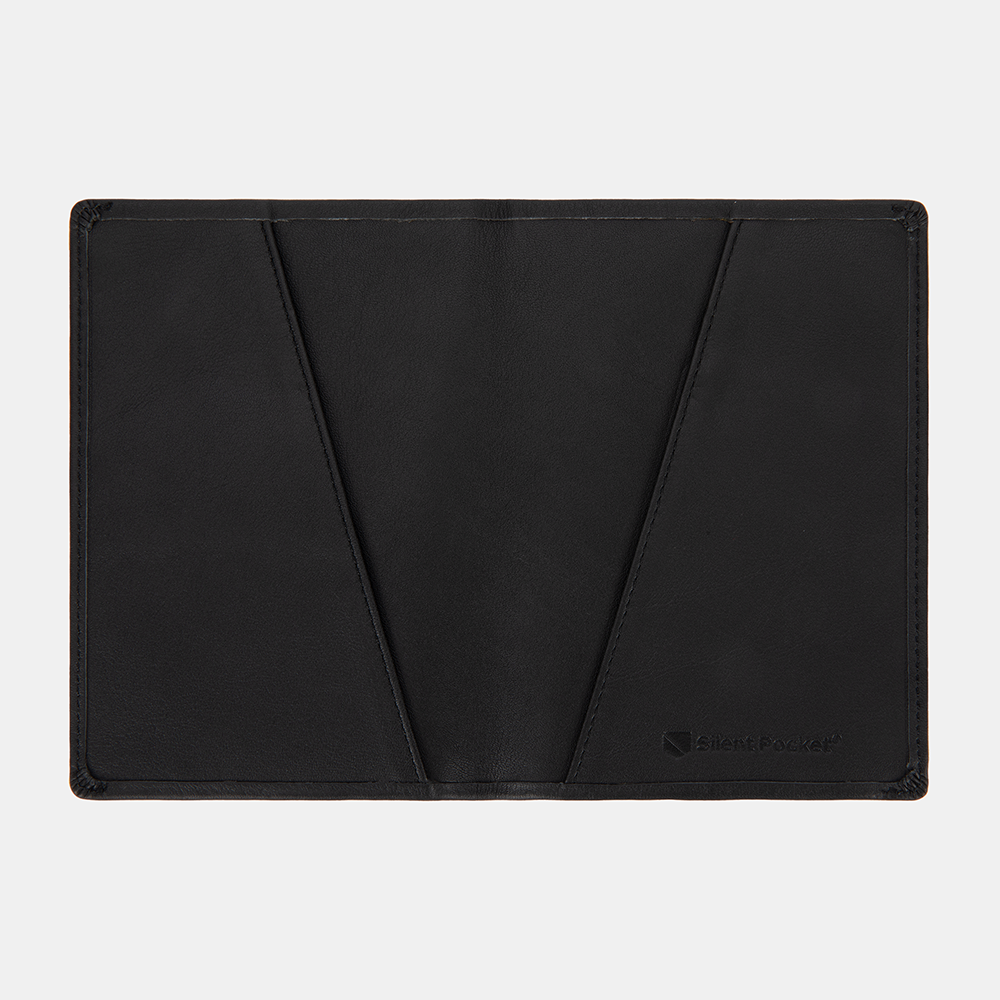 Black SLNT RFID Passport Wallet interior view showing card slots and minimalist leather design.