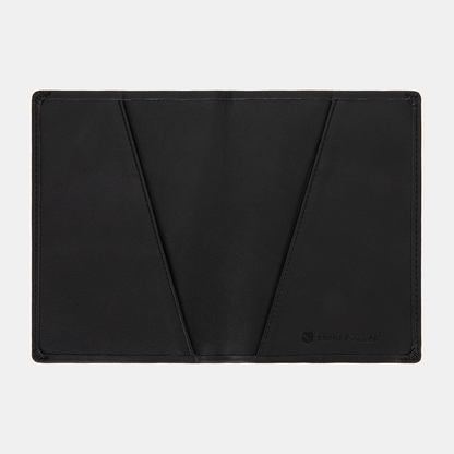 Black SLNT RFID Passport Wallet interior view showing card slots and minimalist leather design.