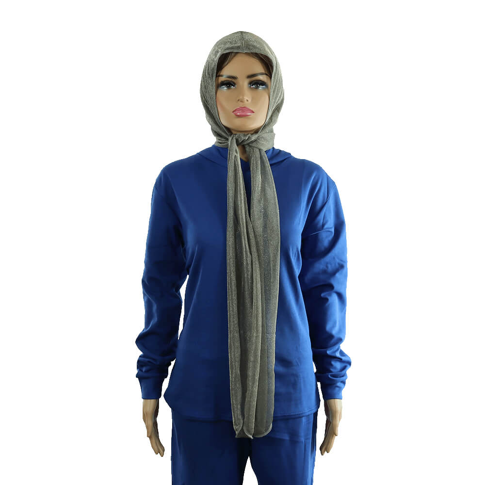 Woman wearing blue hoodie with gray LessEMF High Performance Hooded Scarf draped at chest, front view.