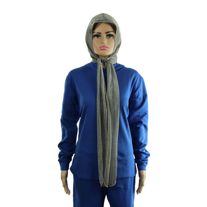 Woman wearing blue hoodie with gray LessEMF High Performance Hooded Scarf draped at chest, front view.