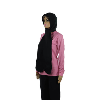 Mannequin wearing pink long-sleeve top with black hooded scarf draped over shoulder, side view.