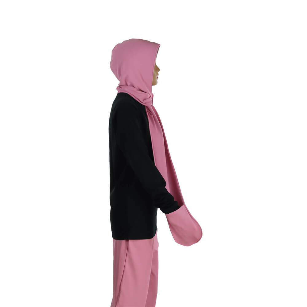 Side view of woman wearing LessEMF Hooded Scarf with Pockets in pink and black, showing hood and scarf drape.