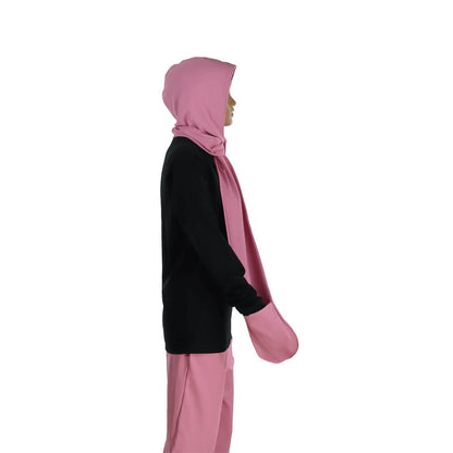 Side view of woman wearing LessEMF Hooded Scarf with Pockets in pink and black, showing hood and scarf drape.