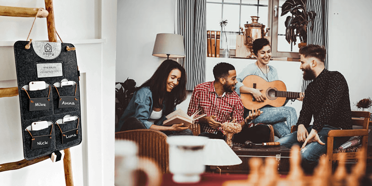 Bagby 4 Pocket Phone Holder displayed on wooden rod in home setting with group of people playing guitar in blurred background.