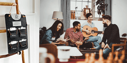 Bagby 4 Pocket Phone Holder displayed on wooden rod in home setting with group of people playing guitar in blurred background.