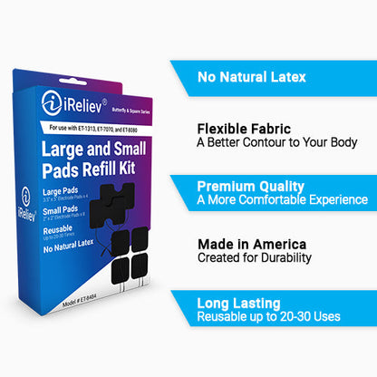 iReliev TENS Electrodes Refill Kit box with feature callouts highlighting no natural latex, flexible fabric, premium quality, made in America, and long-lasting reusable pads.