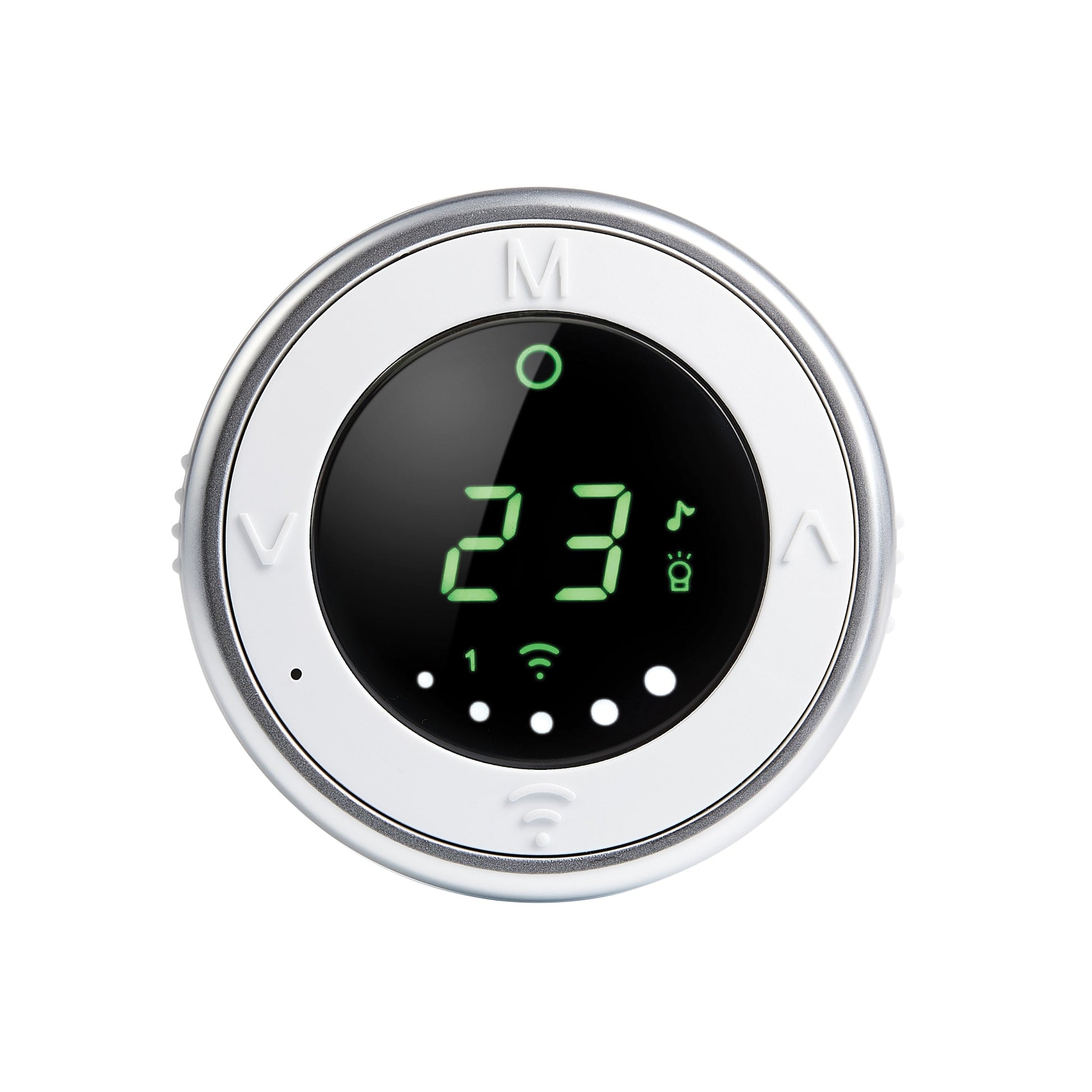 Bebcare Low-EMF IQ WiFi HD Baby Monitor displaying 23 degrees temperature on circular digital screen with silver bezel.