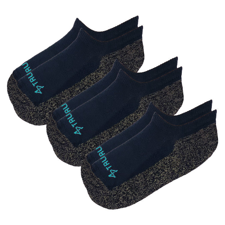 Three TRU47 black merino wool no-show socks with gray soles stacked and fanned out against white background.