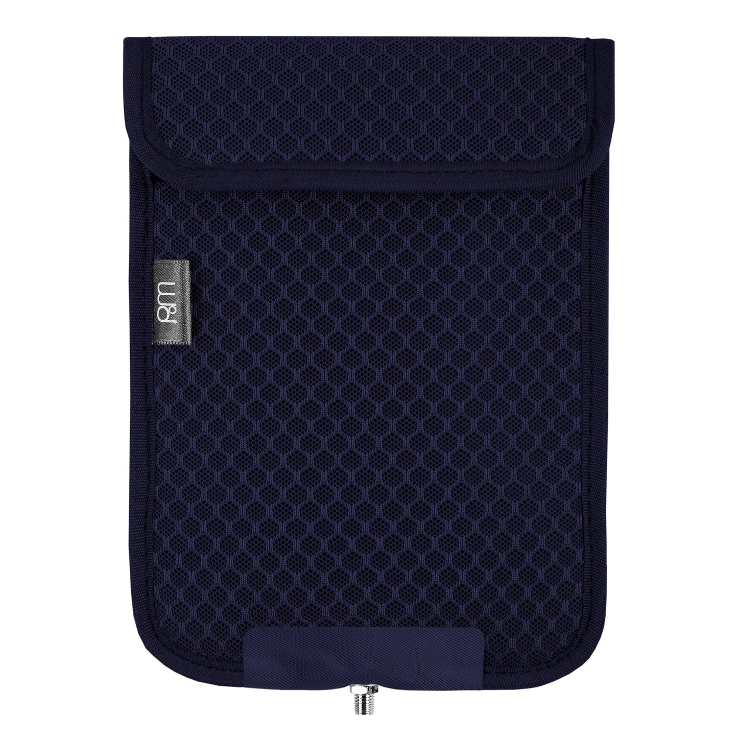 Dark navy PoM Shield ECO Phone Faraday Cage pouch with textured fabric, fold-over flap closure, and brand label visible on front.