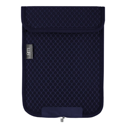Dark navy PoM Shield ECO Phone Faraday Cage pouch with textured fabric, fold-over flap closure, and brand label visible on front.