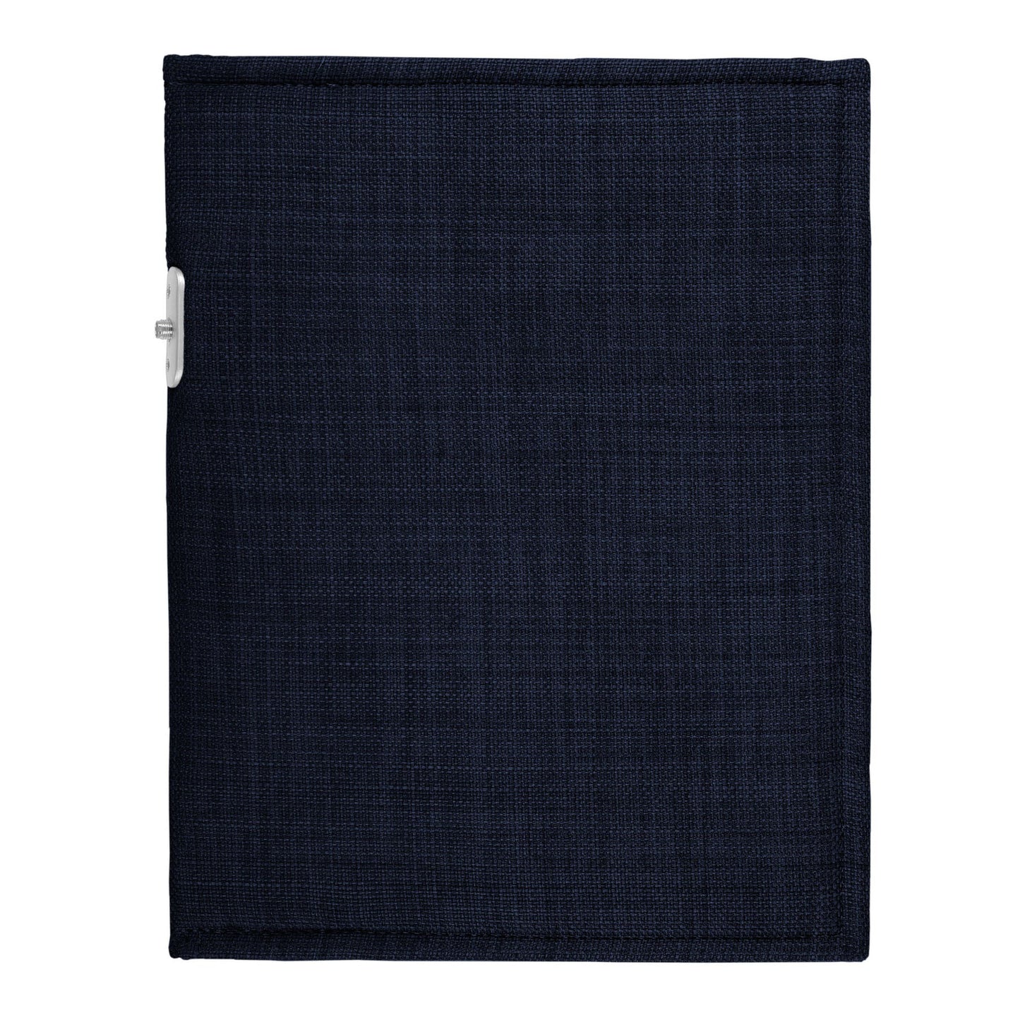 PoM Shield ORIGINAL Phone Faraday Cage in dark navy fabric with white closure tab on left edge, flat lay view.