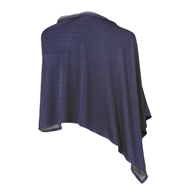 Back view of TRU47 Cotton Double Knit Blue Denim Short Poncho with contrasting trim, displayed on white background.