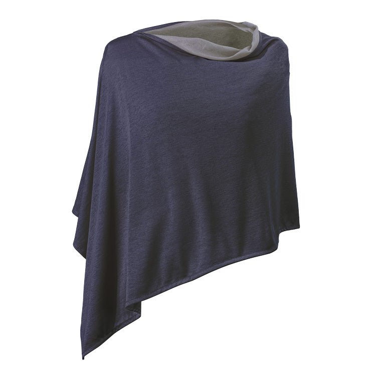 TRU47 Cotton Double Knit Blue Denim Short Poncho displayed on stand showing draped front view with gray lining visible at neckline.