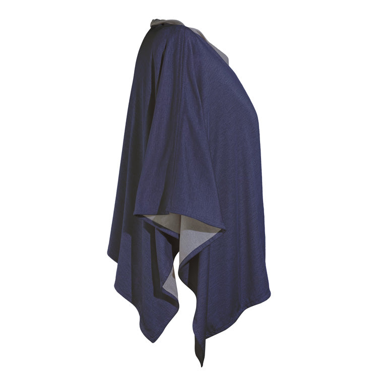 TRU47 Cotton Double Knit Blue Denim Short Poncho displayed on mannequin, side view showing draped fabric and contrast lining detail.