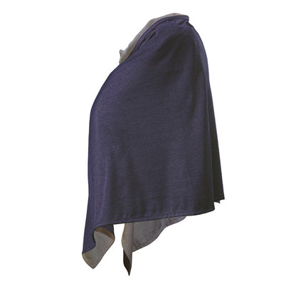 TRU47 Cotton Double Knit Blue Denim Short Poncho draped to show layered fit and gray trim detail.