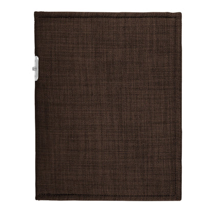 PoM Shield ORIGINAL Phone Faraday Cage in brown fabric with white latch detail, front view.