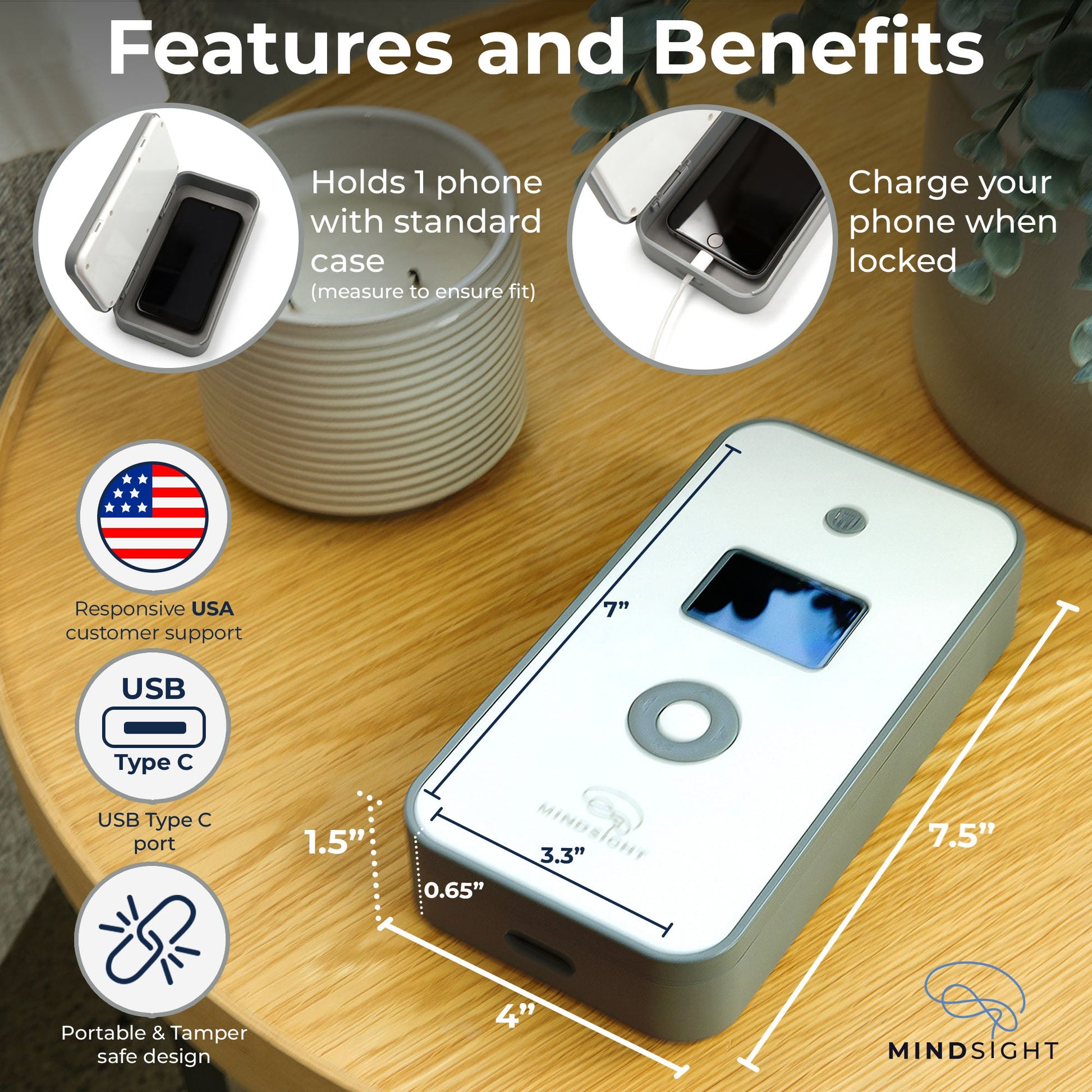 Mindsight Timed Lock Box features and benefits displayed with dimensions, charging capability, USA support, USB Type C port, and portable design shown on wooden surface.