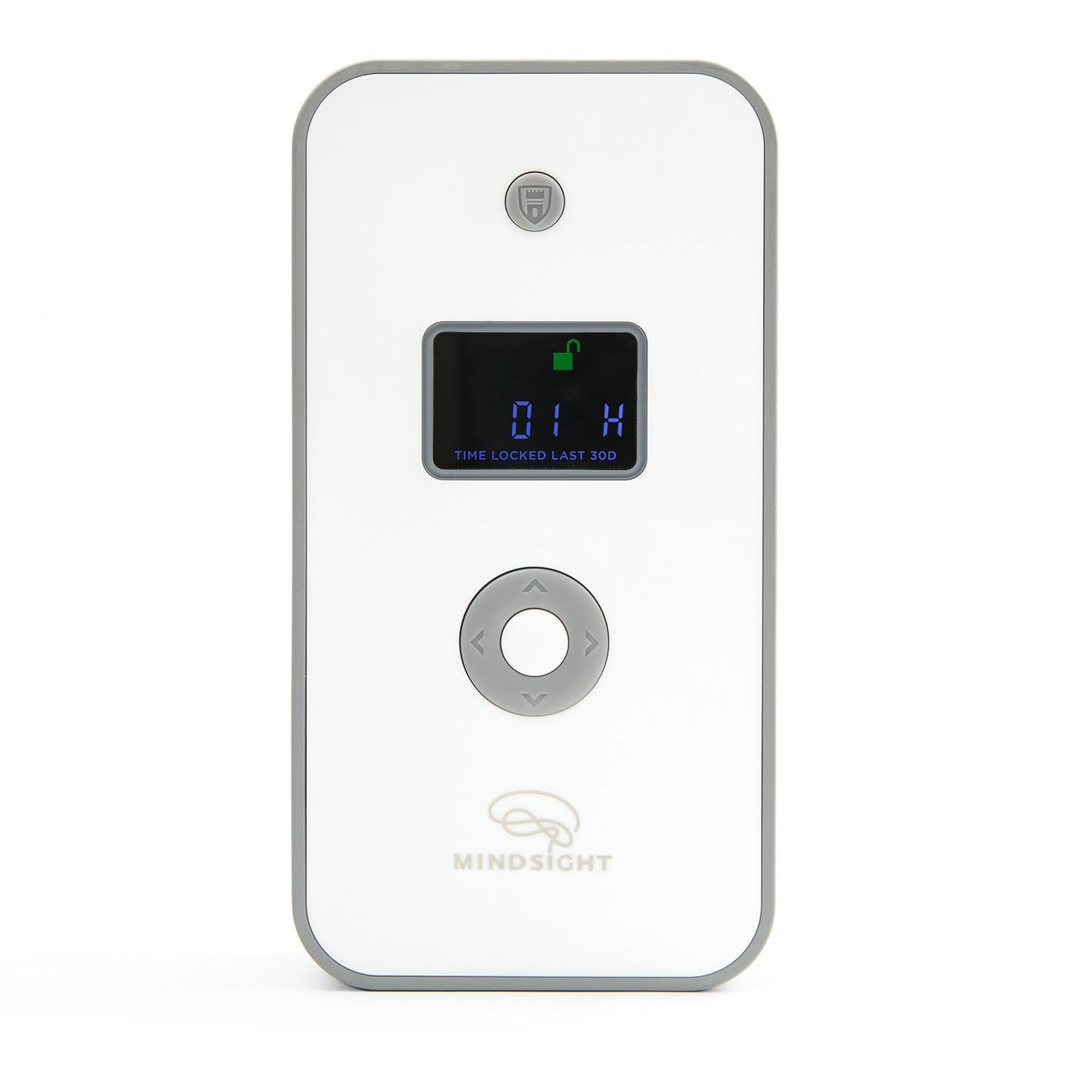 Mindsight Timed Lock Box front view displaying digital screen showing "01:14" lock time with green unlocked icon and control dial below.