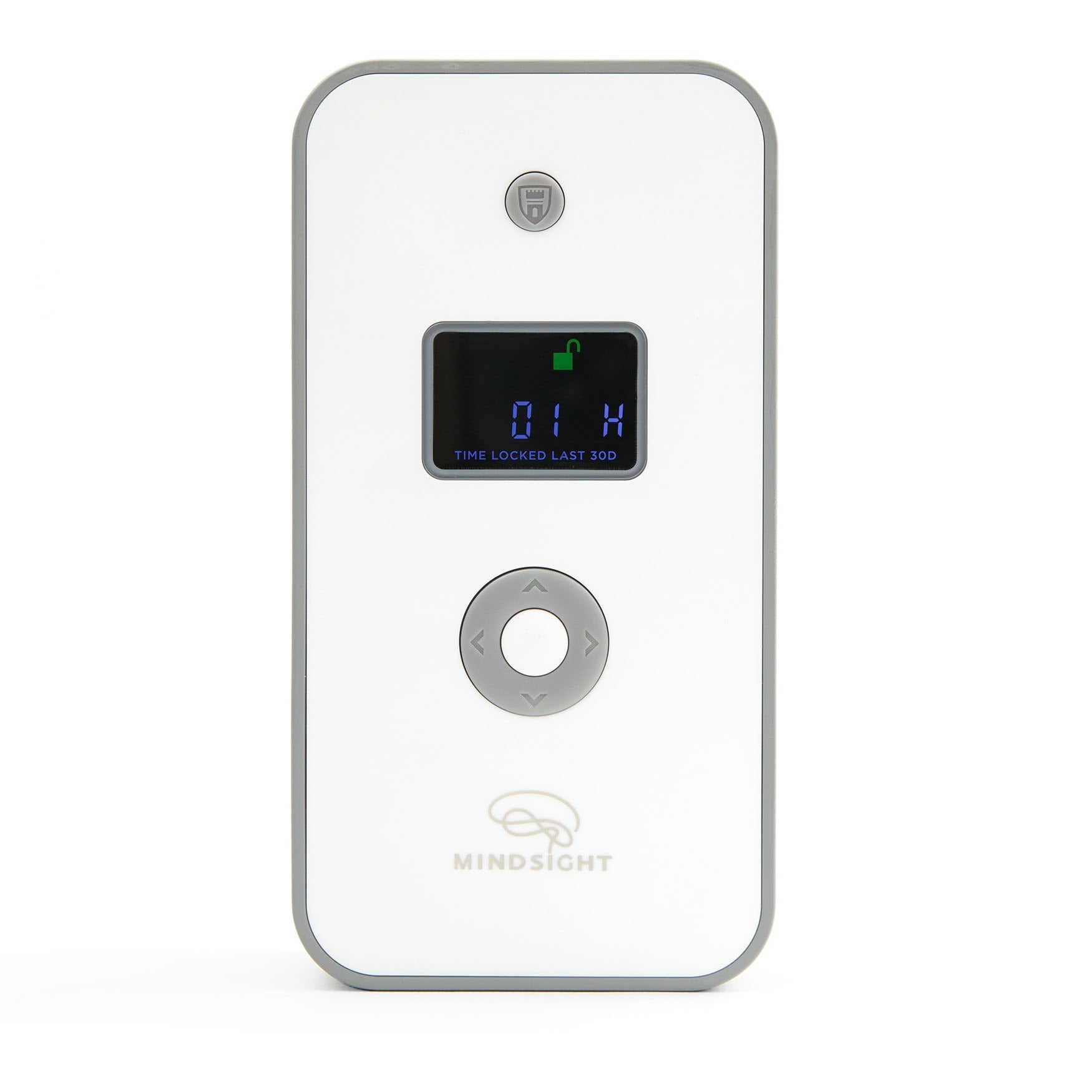 Mindsight Timed Lock Box front view displaying digital screen showing "01:14" lock time with green unlocked icon and control dial below.
