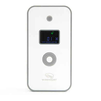 Mindsight Timed Lock Box front view displaying digital screen showing "01:14" lock time with green unlocked icon and control dial below.