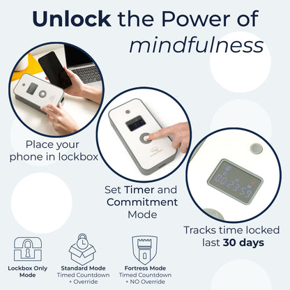 Mindsight phone lock box instructions showing three steps: placing phone in lockbox, setting timer in commitment mode, and tracking 30 days of locked time on digital display.