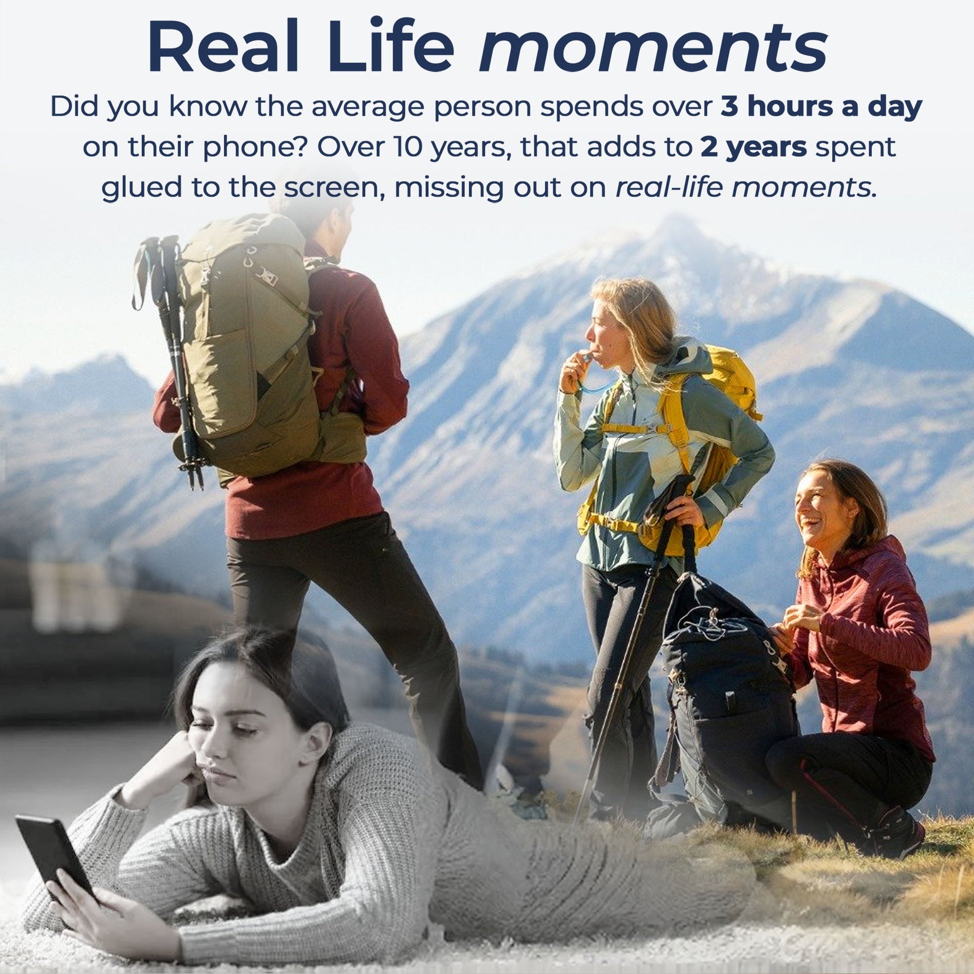 Woman on phone indoors contrasted with hikers enjoying mountains outdoors, promoting real-life moments away from screens.