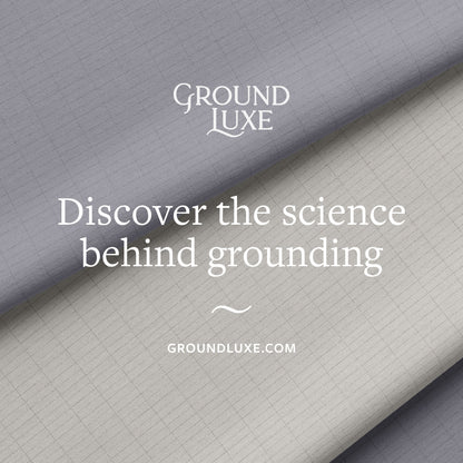 GroundLuxe branding and tagline displayed on folded organic pillowcase fabric with grid pattern texture.
