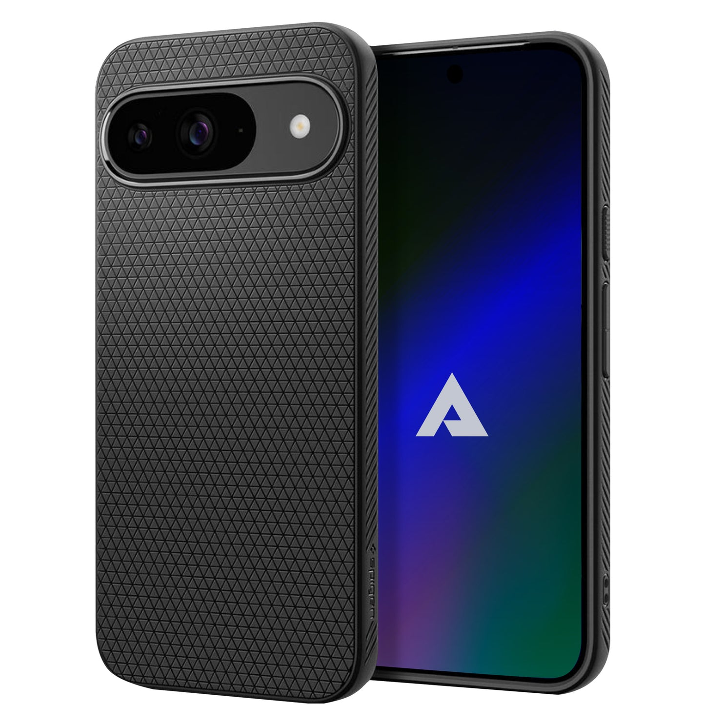 Above Privacy & EMF-Free Phone Bundle in charcoal gray with textured back panel and dual camera setup, displayed with screen showing blue gradient wallpaper.