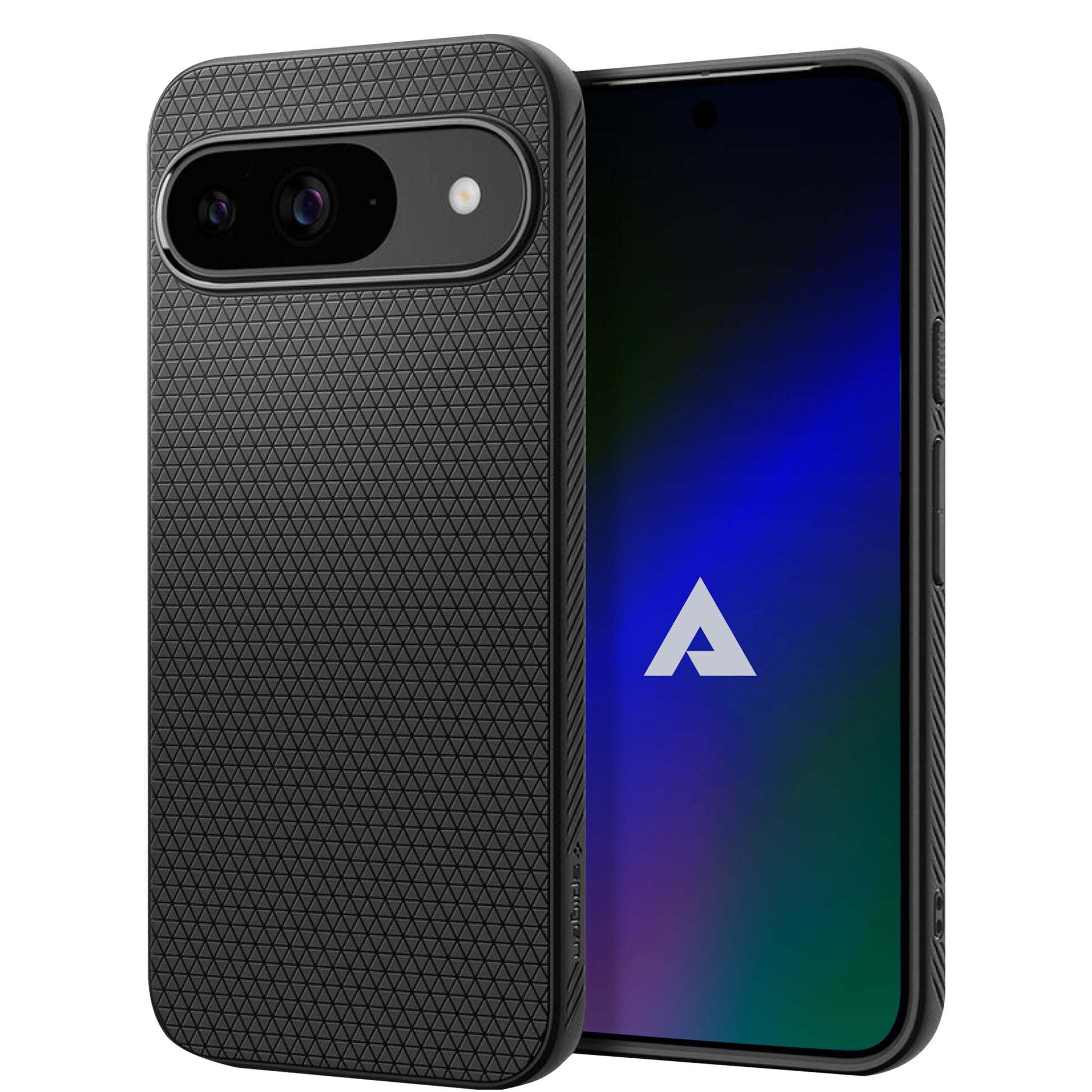 Above Privacy & EMF-Free Phone Bundle in charcoal gray with textured back panel and dual camera setup, displayed with screen showing blue gradient wallpaper.