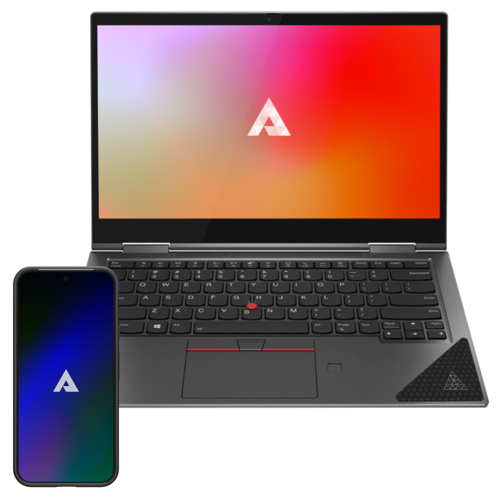 Above Privacy & Low EMF Laptop & Phone Bundle displayed together, showing laptop with gradient screen and smartphone with matching branding.