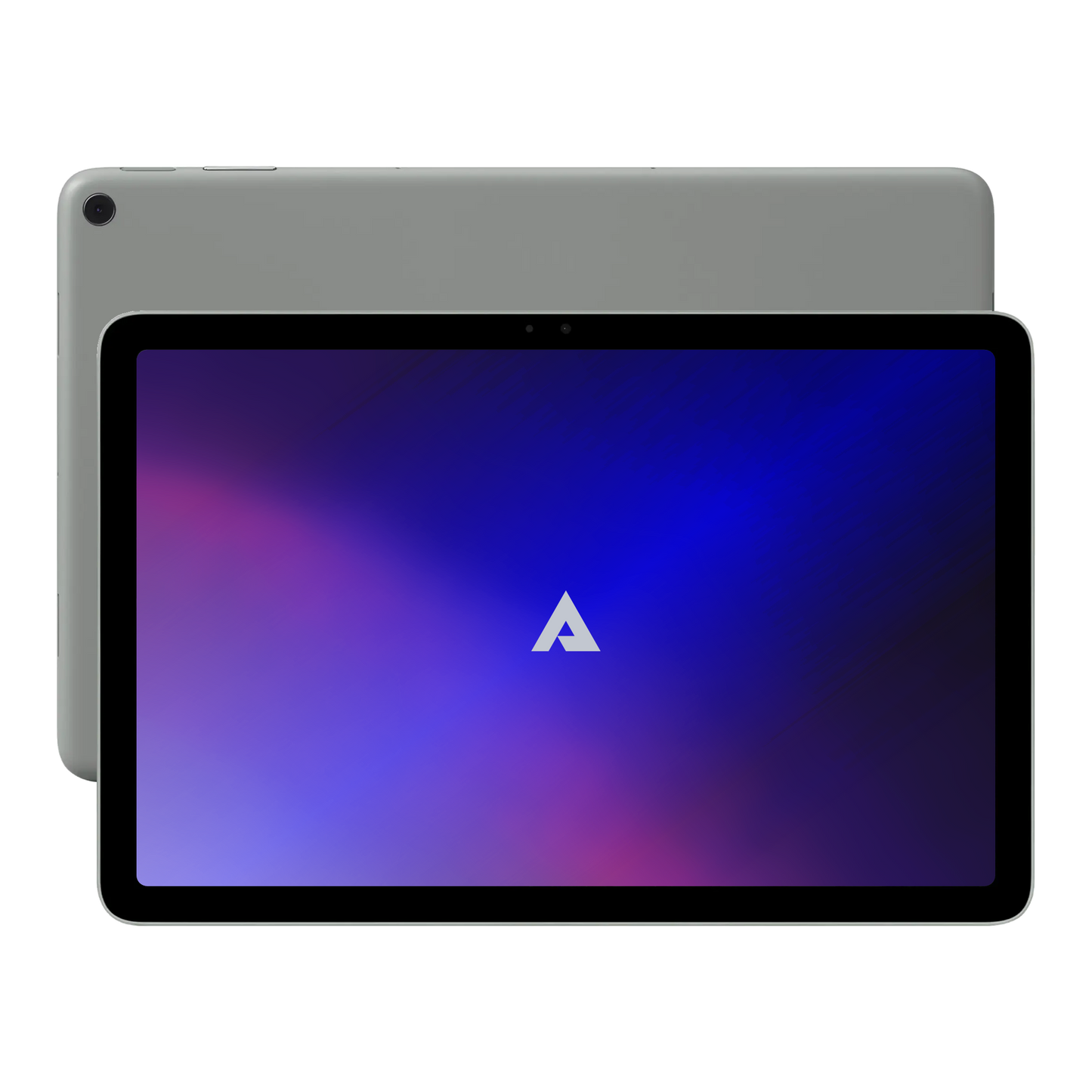 Above Privacy & EMF-Free Tablet Bundle displayed front and back view, showing gray tablet with purple gradient screen and camera lens visible on rear.