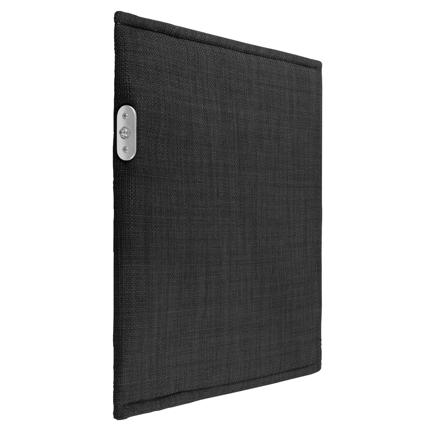 PoM Shield ORIGINAL Faraday Cage angled view showing black fabric exterior with silver control button on side panel.