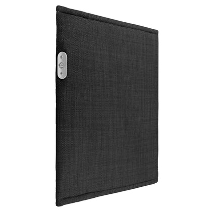 PoM Shield ORIGINAL Faraday Cage angled view showing black fabric exterior with silver control button on side panel.