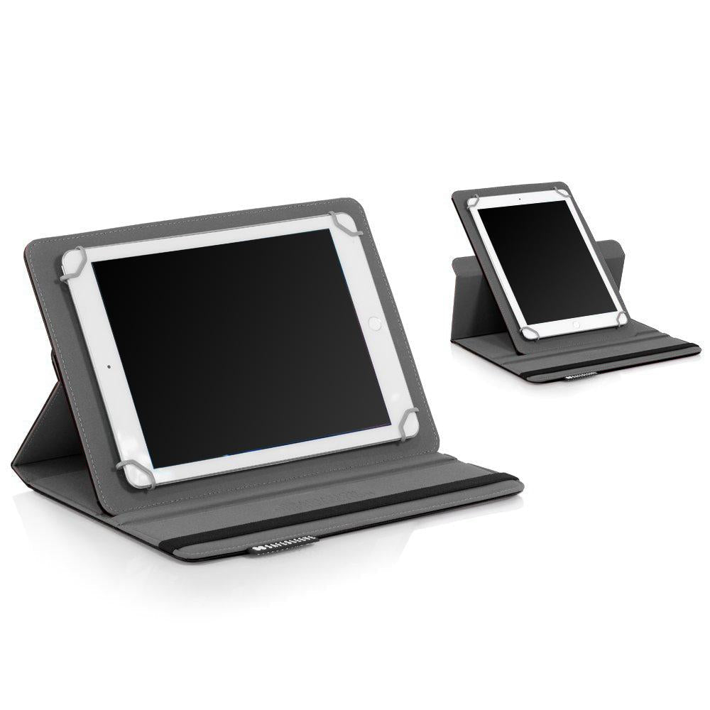 SafeSleeve Universal Tablet Case in gray shown in two viewing angles, displaying stand positioning for 9-11 inch tablets.