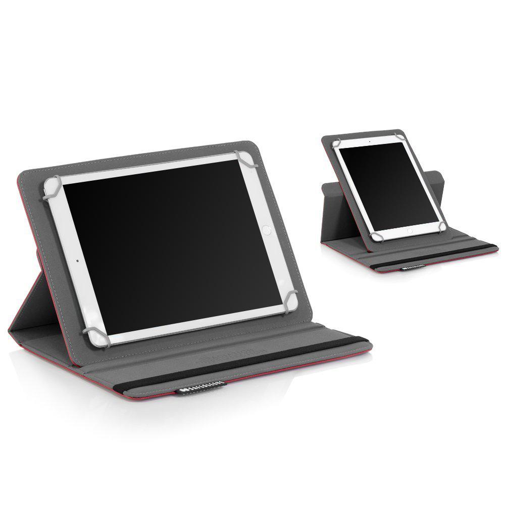 SafeSleeve Universal Tablet Case in gray and pink shown in two viewing angles with stand position displayed.