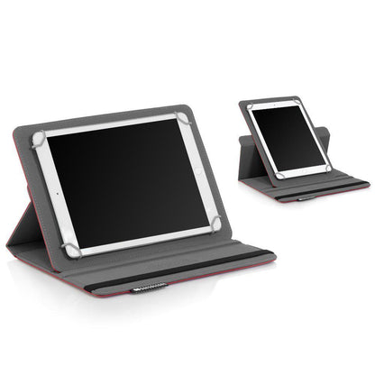 SafeSleeve Universal Tablet Case in gray and pink shown in two viewing angles with stand position displayed.