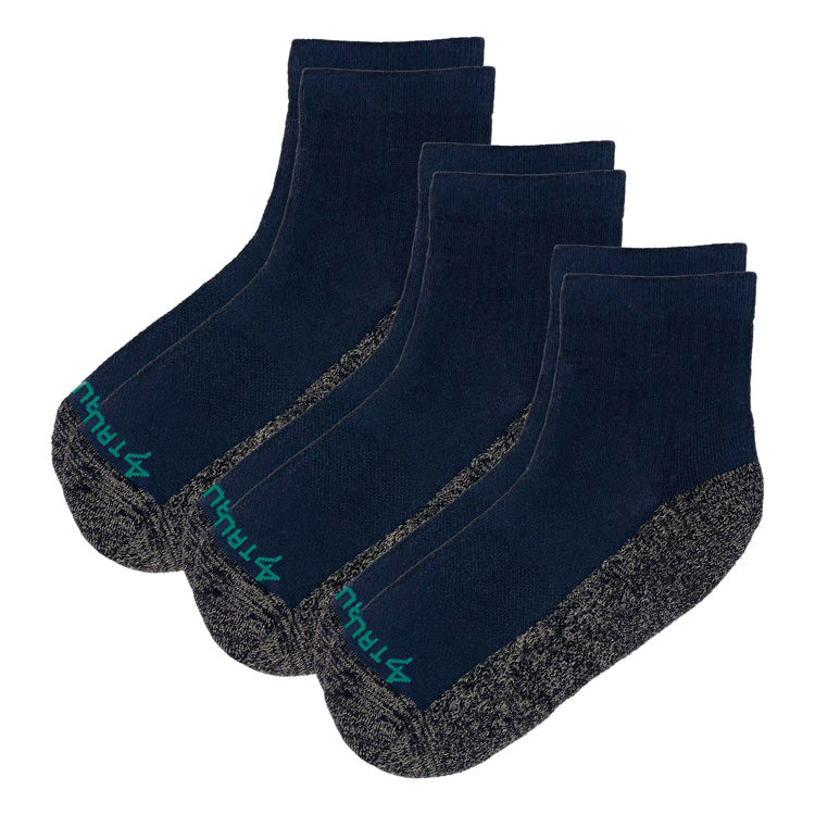 Three pairs of TRU47 black merino wool quarter-height socks with gray heel and toe reinforcement, displayed stacked at an angle.