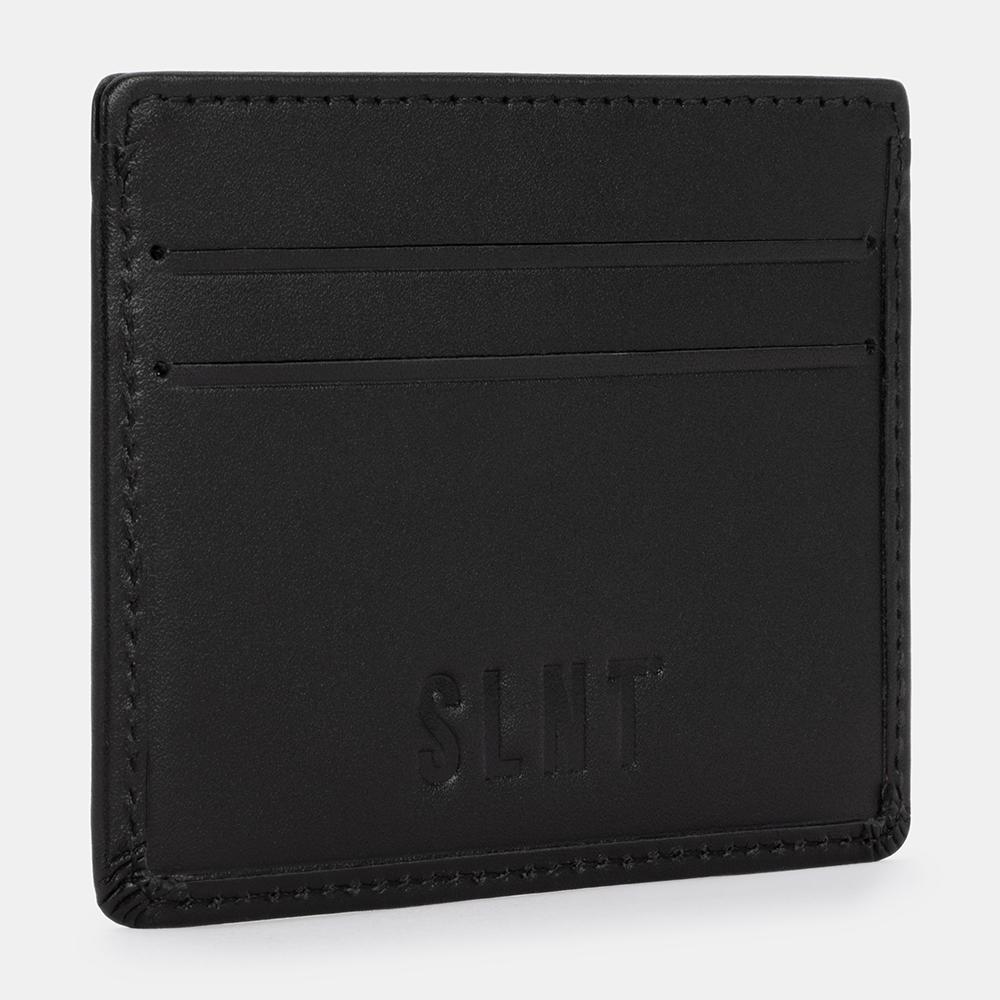 Black SLNT RFID Wallet front view showing embossed logo and horizontal card slot details against white background.