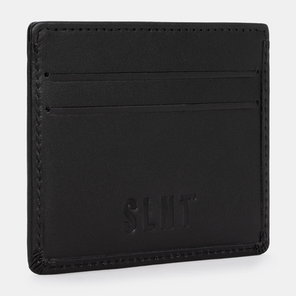Black SLNT RFID Wallet front view showing embossed logo and horizontal card slot details against white background.
