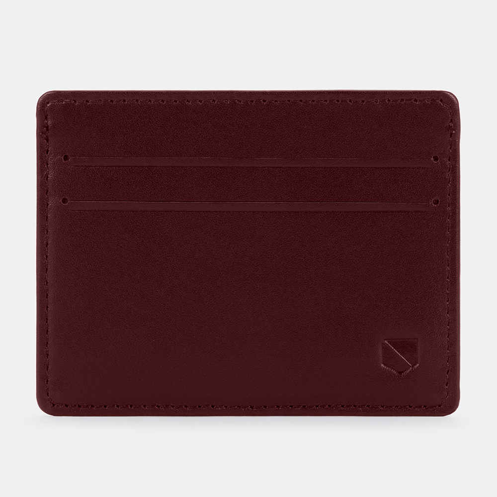 Burgundy SLNT RFID Wallet front view showing card slots and debossed logo on lower right corner.