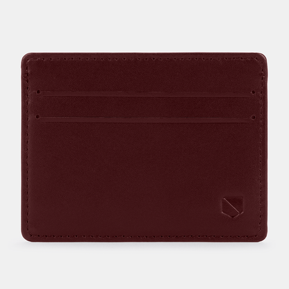 Burgundy SLNT RFID Wallet front view showing card slots and debossed logo on lower right corner.
