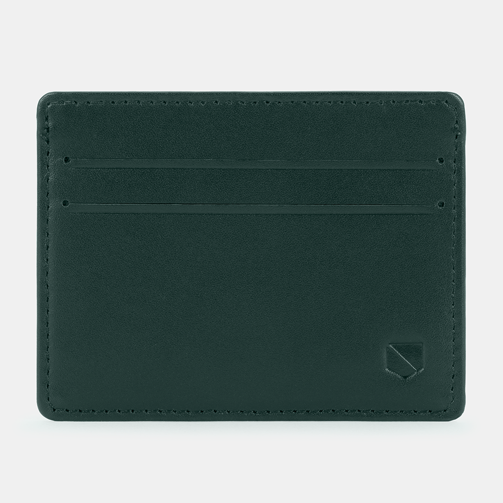 SLNT RFID Wallet in forest green leather, front view showing card slots and minimalist logo detail.