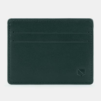SLNT RFID Wallet in forest green leather, front view showing card slots and minimalist logo detail.
