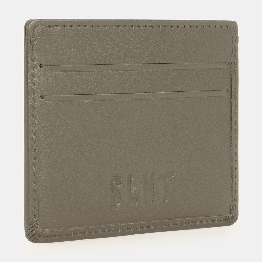 SLNT RFID Wallet in gray leather, angled front view showing card slots and embossed logo detail.