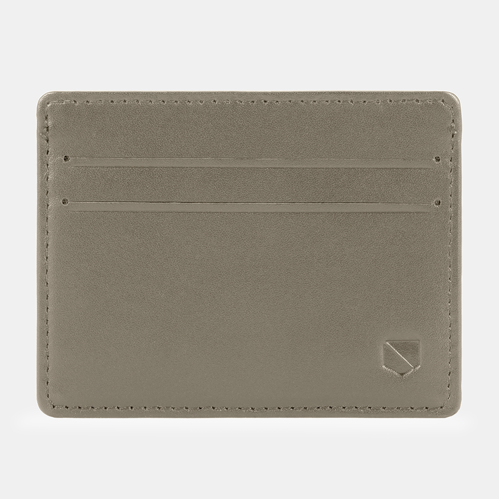 SLNT RFID Wallet in sage green leather, front view showing multiple card slots and brand logo embossed in corner.