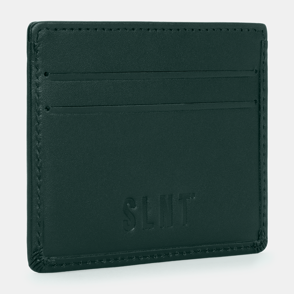SLNT RFID Wallet in forest green leather, angled view showing embossed logo and card slots.