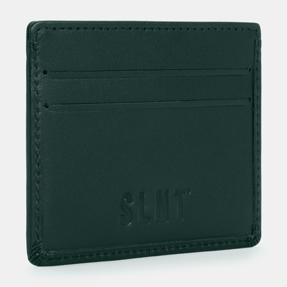 SLNT RFID Wallet in forest green leather, angled view showing embossed logo and card slots.