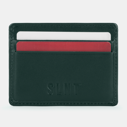 SLNT RFID Wallet in dark green leather with white and red card slots visible, front view.