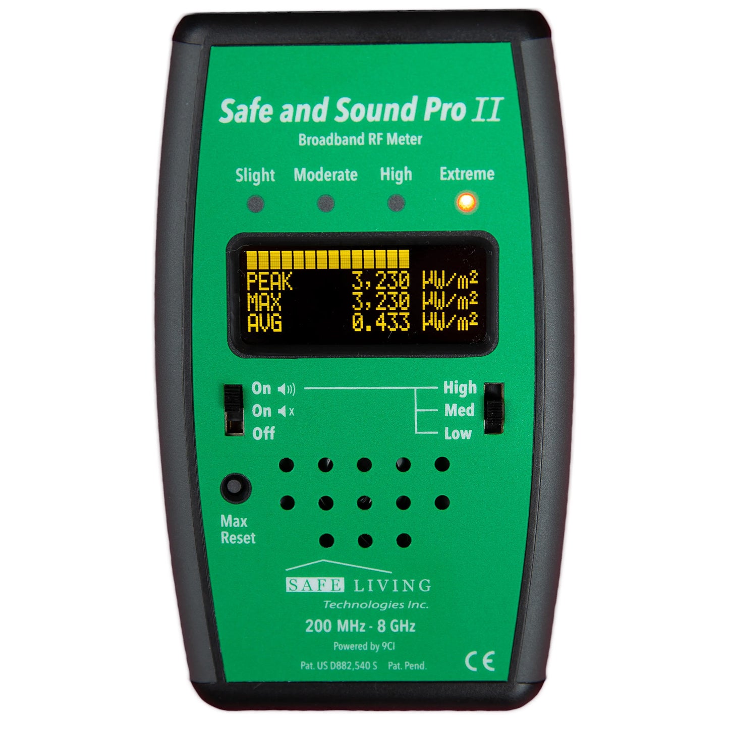 Safe and Sound Pro II RF Meter front view showing green display with yellow bar graph and digital readings of peak, max, and average RF levels in mW/m².