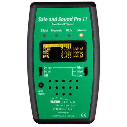 Safe and Sound Pro II RF Meter front view showing green display with yellow bar graph and digital readings of peak, max, and average RF levels in mW/m².